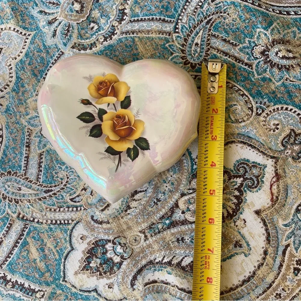 Lusterware Heart Trinket Box Vintage Porcelain Yellow Rose Jewelry Box